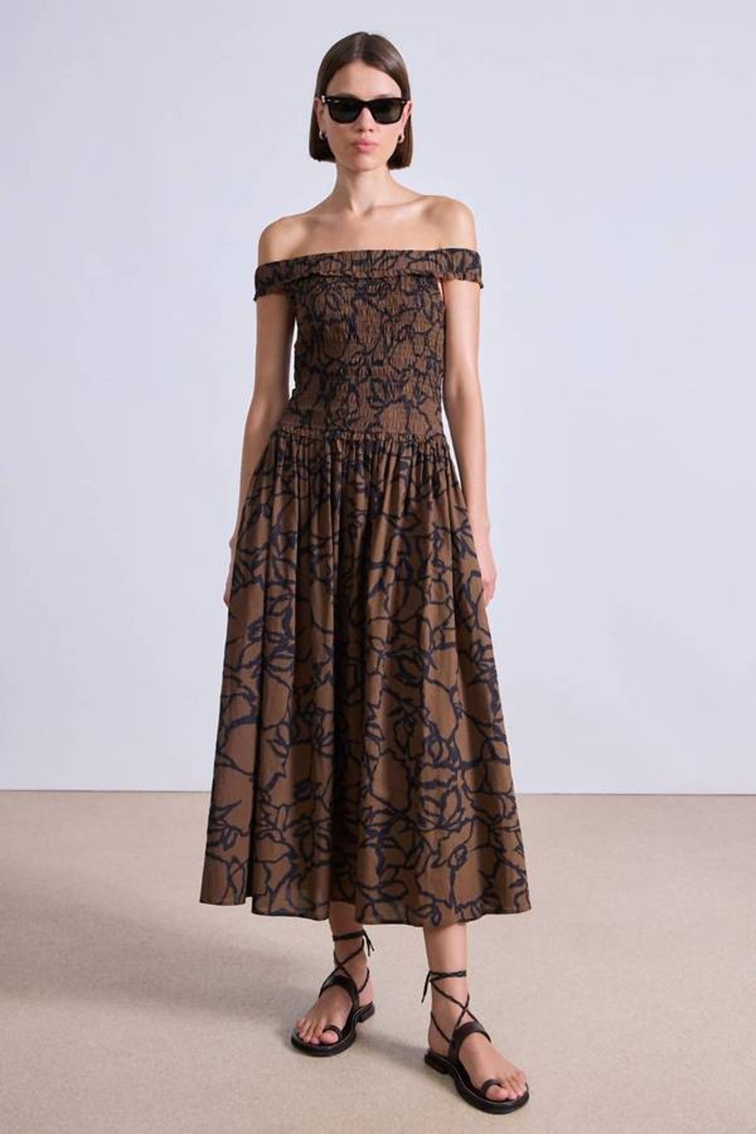 Apiece Apart Britt Off The Shoulder Maxi Dress In Large Lace Floral Chocolate Xs
